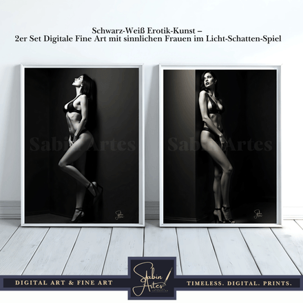 Schwarz-Weiß Erotik-Kunst – 2er Set Digitale Fine Art mit sinnlichen Frauen im Licht-Schatten-Spiel