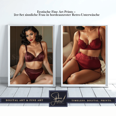 Erotische Fine Art Prints – 2er-Set sinnliche Frau in bordeauxroter Retro-Unterwäsche