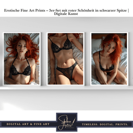 Erotische Fine Art Prints – 3er-Set mit roter Schönheit in schwarzer Spitze | Digitale Kunst 