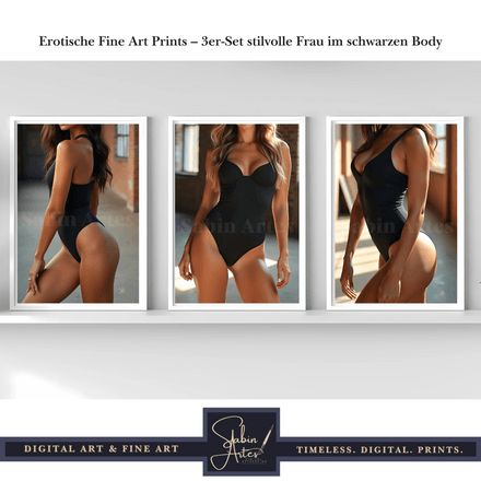Erotische Fine Art Prints – 3er-Set stilvolle Frau im schwarzen Body
