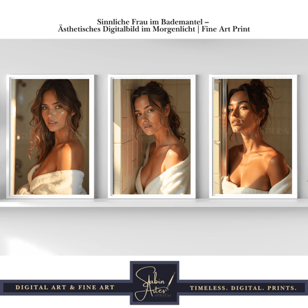 Sinnliche Frau im Bademantel – Ästhetisches Digitalbild im Morgenlicht | Fine Art Print