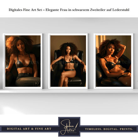 Digitales Fine Art Set – Elegante Frau in schwarzem Zweiteiler auf Lederstuhl