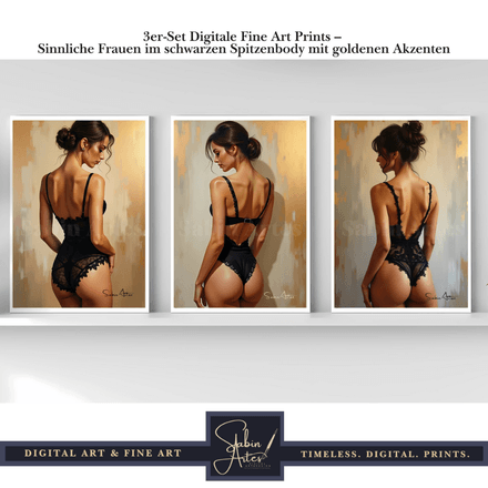 3er-Set Digitale Fine Art Prints – Sinnliche Frauen im schwarzen Spitzenbody mit goldenen Akzenten