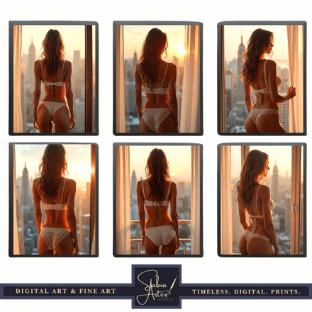 Rückansicht mit Skyline – 6er Set Digitale Erotik-Kunst mit Frau in weißer Unterwäsche