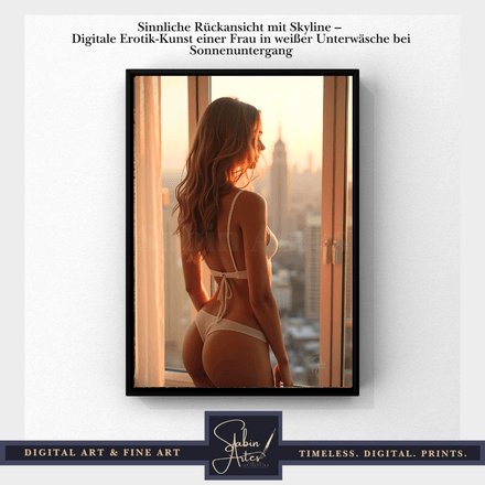 Sinnliche Rückansicht mit Skyline – Digitale Erotik-Kunst einer Frau in weißer Unterwäsche 