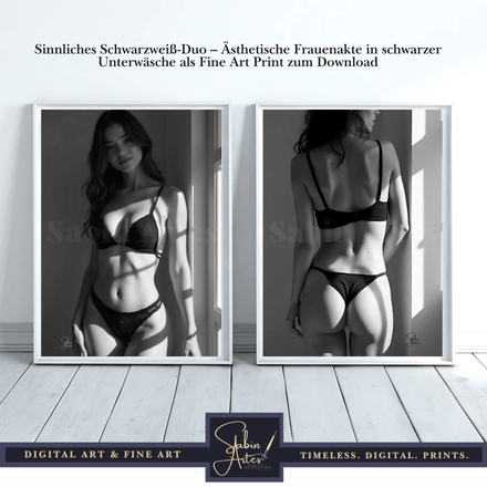 Sinnliches Schwarzweiß-Duo – Ästhetische Frauenakte in schwarzer Unterwäsche als Fine Art Print