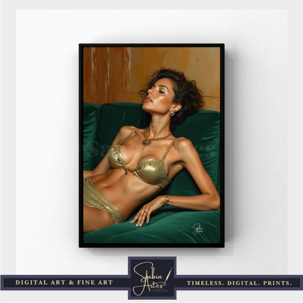 Sinnliches Fine Art Portrait – Frau in goldener Lingerie auf grünem Samt | Digitale Wandkunst 