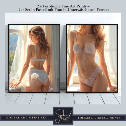 Zart erotische Fine Art Prints – 2er-Set in Pastell mit Frau in Unterwäsche am Fenster 