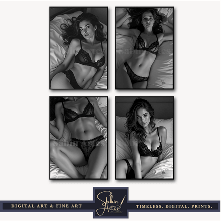 Erotische Fine Art Prints Schwarz-Weiß – 4er Set sinnlicher Frauen in Spitzenwäsche