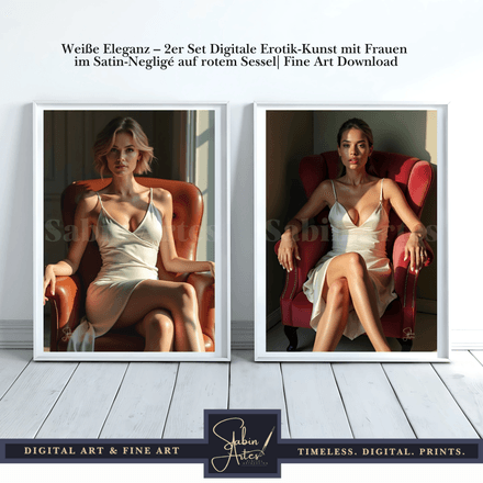 Weiße Eleganz – 2er Set Digitale Erotik-Kunst mit Frauen im Satin-Negligé auf rotem Sessel 