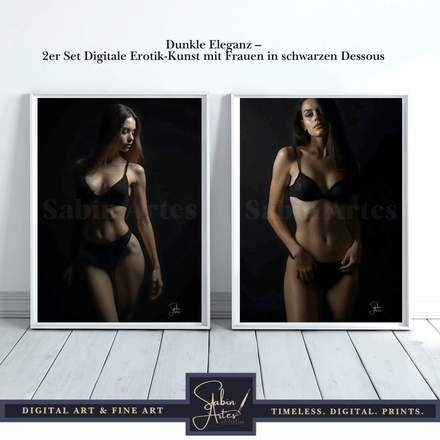 Dunkle Eleganz – 2er Set Digitale Erotik-Kunst mit Frauen in schwarzen Dessous | Licht &amp; Schatten