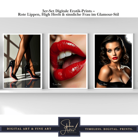 3er-Set Digitale Erotik-Prints – Rote Lippen, High Heels &amp; sinnliche Frau im Glamour-Stil 