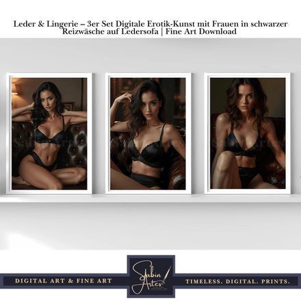 Leder &amp; Lingerie – 3er Set Digitale Erotik-Kunst mit Frauen in schwarzer Reizwäsche auf Ledersofa 
