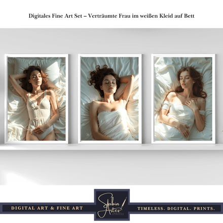 Digitales Fine Art Set – Verträumte Frau im weißen Kleid auf Bett