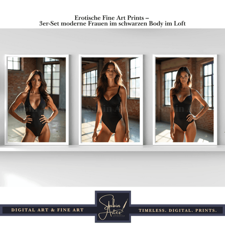 Erotische Fine Art Prints – 3er-Set moderne Frauen im schwarzen Body im Loft