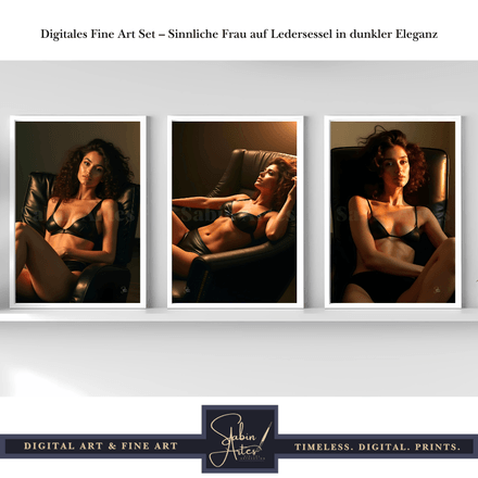 Digitales Fine Art Set – Sinnliche Frau auf Ledersessel in dunkler Eleganz