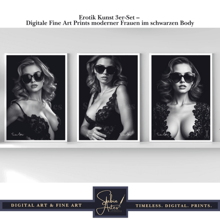 Erotik Kunst 3er-Set – Digitale Fine Art Prints moderner Frauen im schwarzen Body