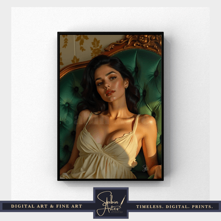 Edles Fine Art Portrait – Frau im goldenen Licht auf Vintage-Sessel | Digitale Wandkunst 