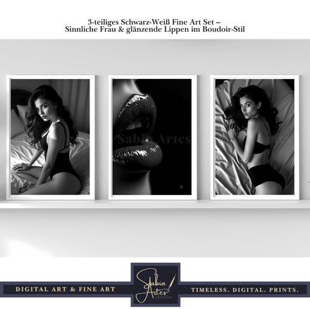 3-teiliges Schwarz-Weiß Fine Art Set – Sinnliche Frau &amp; glänzende Lippen im Boudoir-Stil