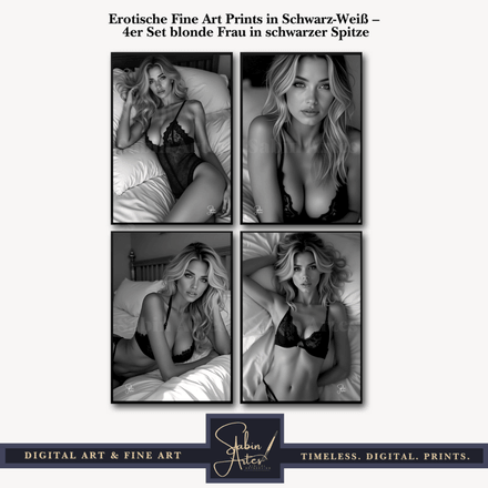 Erotische Fine Art Prints in Schwarz-Weiß – 4er Set blonde Frau in schwarzer Spitze
