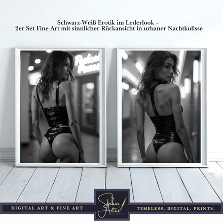 Schwarz-Weiß Erotik im Lederlook – 2er Set Fine Art mit sinnlicher Rückansicht in urbaner Nachtkulis
