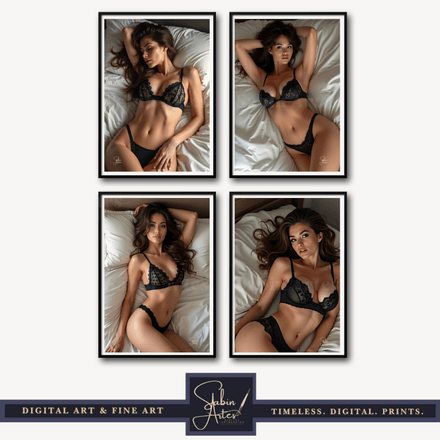Erotisches Fine Art Print 4 er Set – Sinnliche Frauen in schwarzer Spitzenwäsche