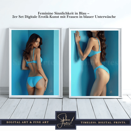 Feminine Sinnlichkeit in Blau – 2er Set Digitale Erotik-Kunst mit Frauen in blauer Unterwäsche