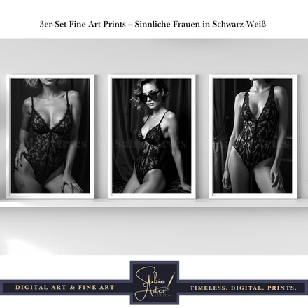 3er-Set Fine Art Prints – Sinnliche Frauen in Schwarz-Weiß | Elegante digitale Wandkunst 