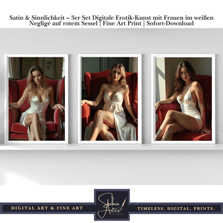 Satin &amp; Sinnlichkeit – 3er Set Digitale Erotik-Kunst mit Frauen im weißen Negligé auf rotem Sessel 