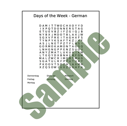 Word Search - German (Days of the Week) Answer Key Included