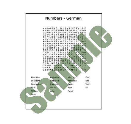 Word Search - German (Numbers 1 - 20) Answer Key Included