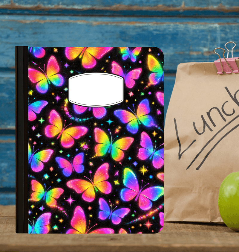 Holographic Neon Butterfly Composition Notebook