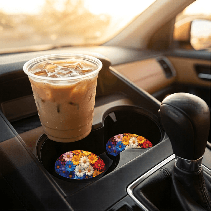 Car Coasters Rainbow Flowers set of 2
