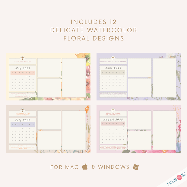 2025 Catholic Desktop Organizer Wallpaper Bundle | Monthly Desktop Calendar | Floral Screensaver