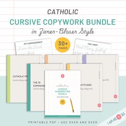 Catholic Cursive Worksheet Bundle Copywork | Scripture | Saints | 10 Commandments | Beatitudes 