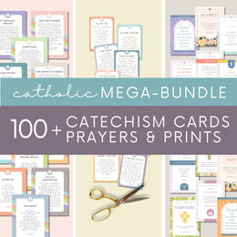 Printable Catholic Catechism Bundle | 78 Catechism Cards | 12 Prayer Prints | 12 Kids Prayer Cards |