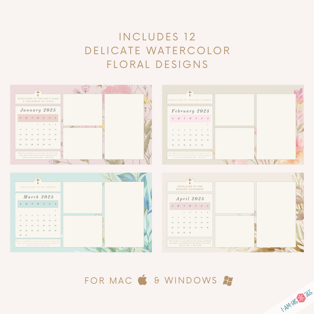 2025 Catholic Desktop Organizer Wallpaper Bundle | Monthly Desktop Calendar | Floral Screensaver