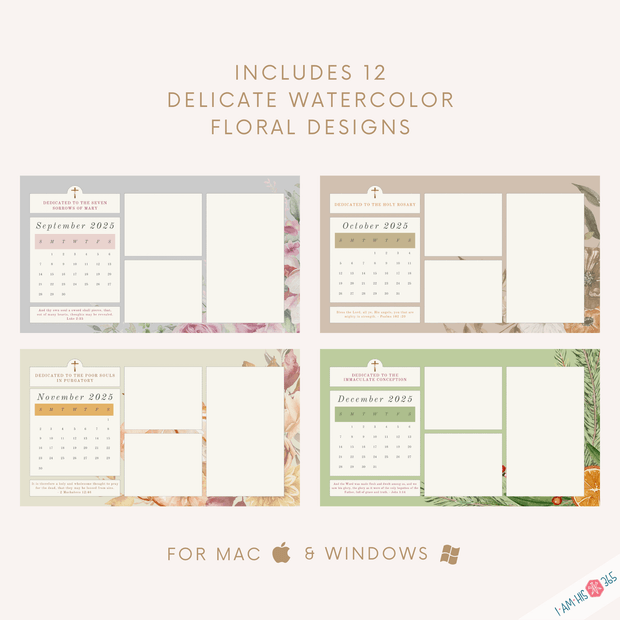 2025 Catholic Desktop Organizer Wallpaper Bundle | Monthly Desktop Calendar | Floral Screensaver