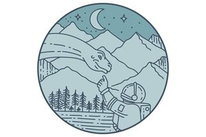 Astronaut Brontosaurus Moon Stars Mountains Circle Mono Line
