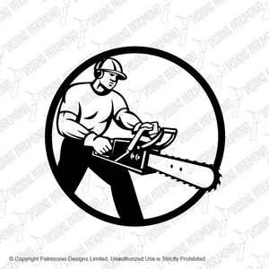 Lumberjack Tree Surgeon Arborist Chainsaw Circle Black and White