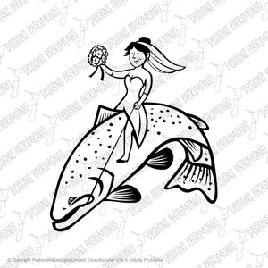 Bride Female Fisherman with Flower Bouquet Riding a Steelhead Trout Cartoon Black and White