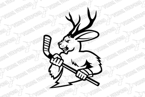 Jackalope With Ice Hockey Stick Mascot Black and White