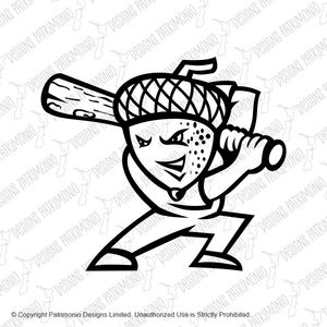 Acorn or Oak Nut Baseball Player Batting Mascot Black and White