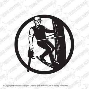 Tree Surgeon or Arborist With Chainsaw Trimming Tree Black and White Retro