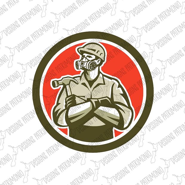 Builder Carpenter Wearing Mask Respirator Gas Vapor Cartridges Arms Crossed Holding Hammer Retro