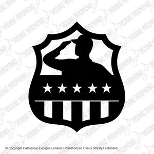 American Veteran Soldier Saluting USA Stars and Stripes Flag Crest Black and White