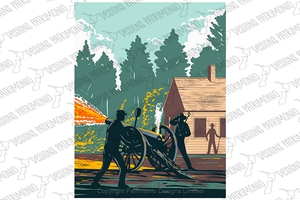 Union Soldiers Firing  12 Pounder Napoleon Cannon in Demonstration of Civil War Era WPA Poster Art