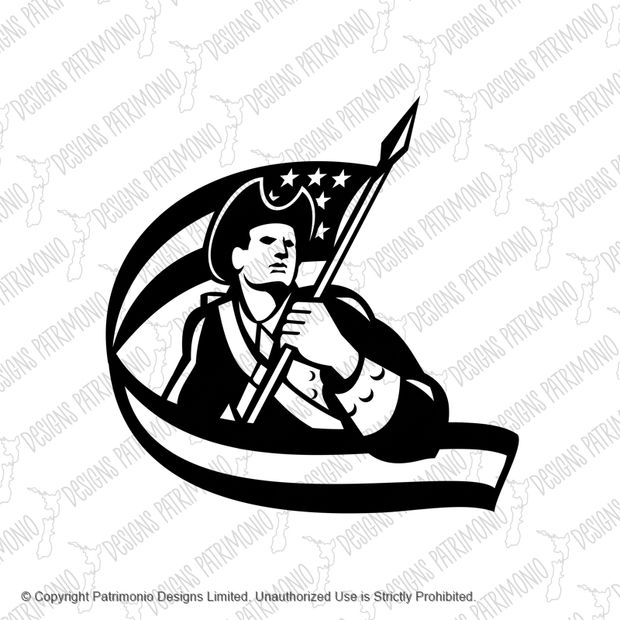 American Patriot Revolutionary Soldier Waving USA Flag Retro Black and White