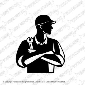 Automotive Mechanic Holding Spanner Arms Crossed Retro Black and White