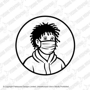 African-American Boy Wearing Face Mask Front View Retro Black and White